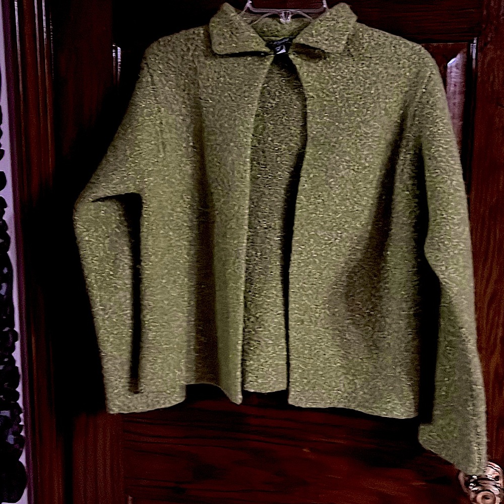 EILEEN FISHER. GREEN BOiLED WOOL CARDIGAN